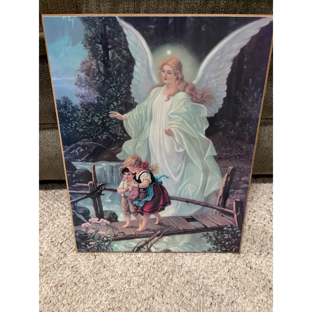 Guardian Angel Watching Over Children on Bridge Wood Wall Plaque Religious Art